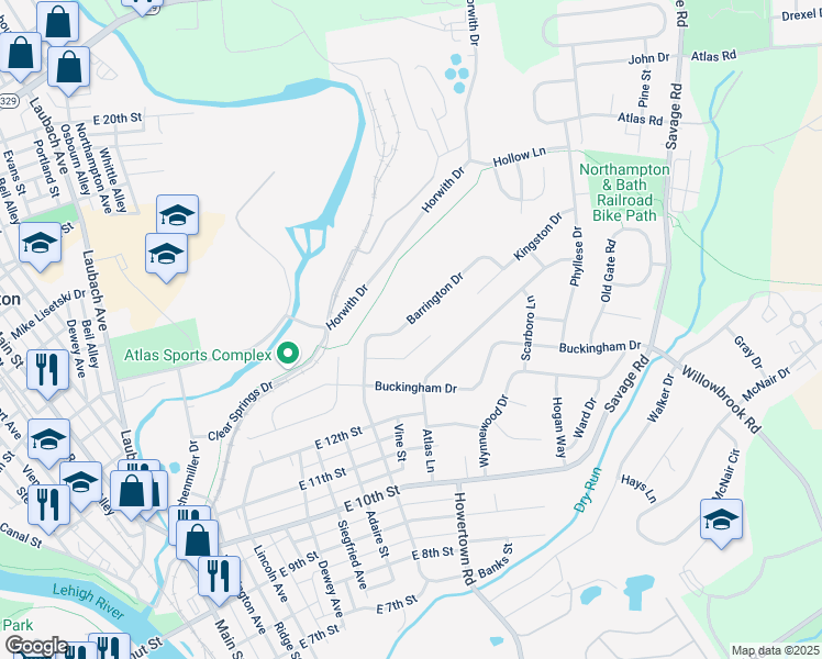 map of restaurants, bars, coffee shops, grocery stores, and more near 1310 Barrington Drive in Northampton