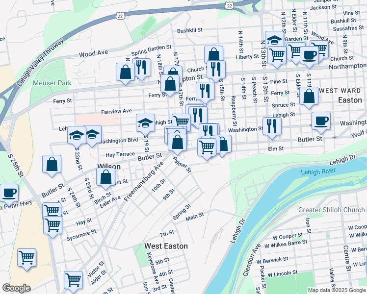 map of restaurants, bars, coffee shops, grocery stores, and more near 321 South 17th Street in Easton