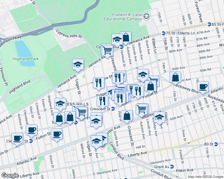 map of restaurants, bars, coffee shops, grocery stores, and more near 407 Ridgewood Avenue in Brooklyn