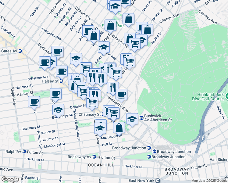 map of restaurants, bars, coffee shops, grocery stores, and more near 83A Cooper Street in Brooklyn