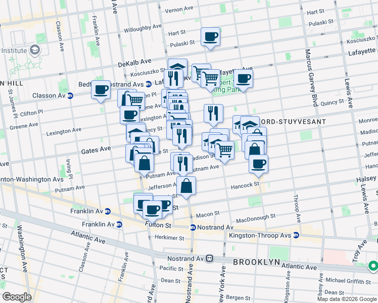 map of restaurants, bars, coffee shops, grocery stores, and more near 236 Monroe Street in Brooklyn