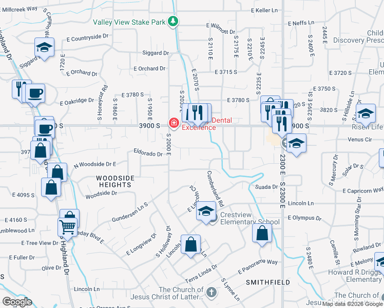 map of restaurants, bars, coffee shops, grocery stores, and more near 2047 Rainbow Point Drive in Salt Lake City