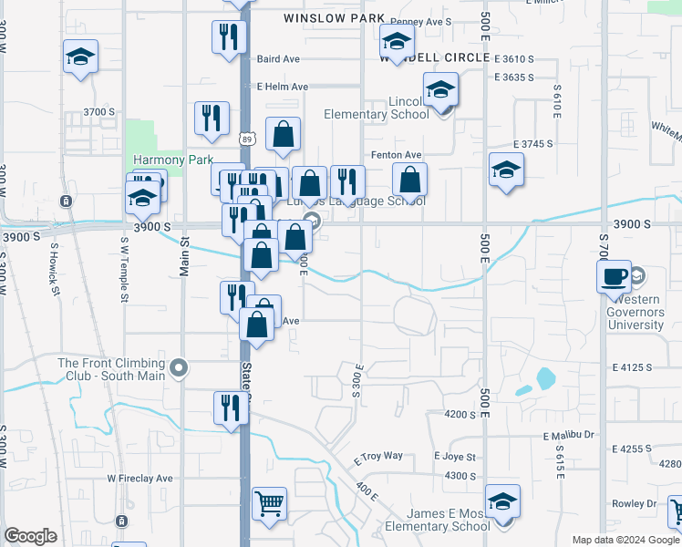 map of restaurants, bars, coffee shops, grocery stores, and more near 3956 South 300 East in Murray