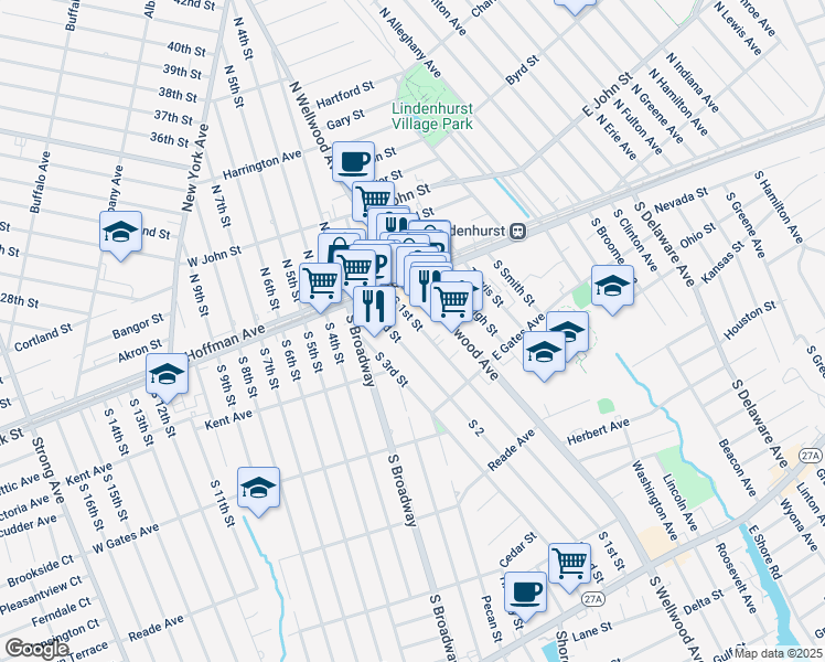 map of restaurants, bars, coffee shops, grocery stores, and more near 138 South 1st Street in Lindenhurst