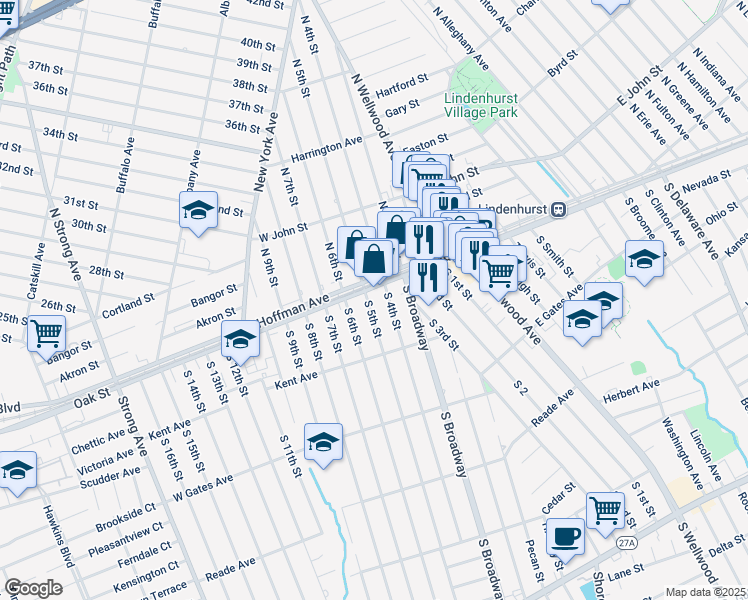 map of restaurants, bars, coffee shops, grocery stores, and more near 120 West Hoffman Avenue in Lindenhurst