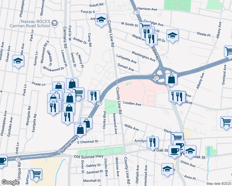 map of restaurants, bars, coffee shops, grocery stores, and more near 1 Warwick Drive in Massapequa
