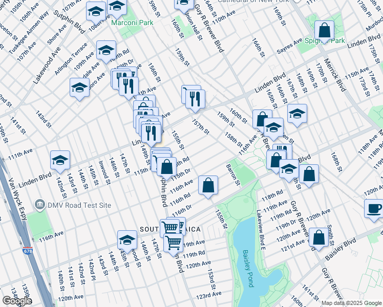 map of restaurants, bars, coffee shops, grocery stores, and more near 114-43 155th Street in Queens