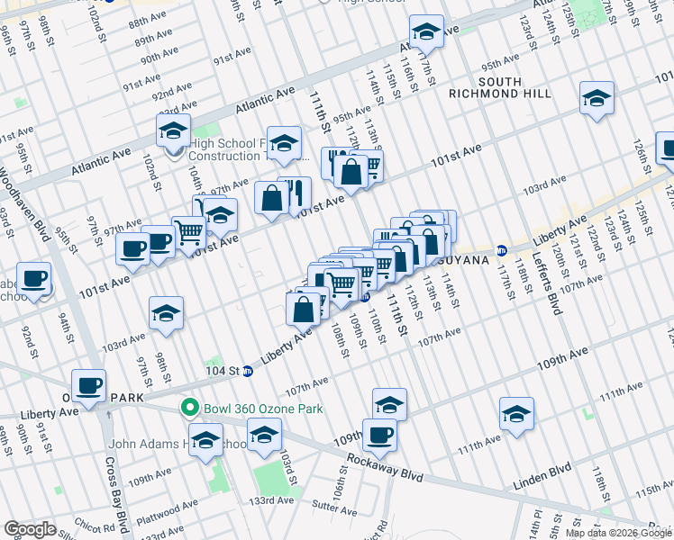 map of restaurants, bars, coffee shops, grocery stores, and more near 109-15 103rd Avenue in Queens