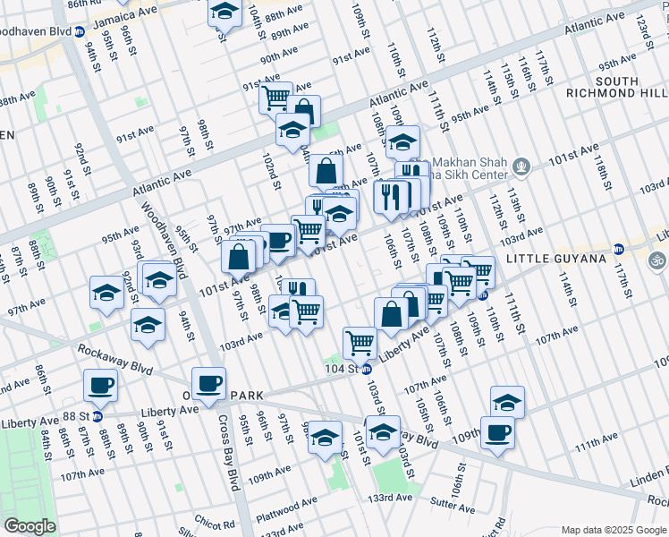 map of restaurants, bars, coffee shops, grocery stores, and more near 97-56 105th Street in Queens