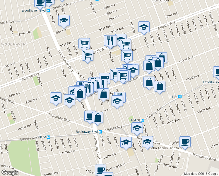 map of restaurants, bars, coffee shops, grocery stores, and more near 97-40 101st Street in Queens