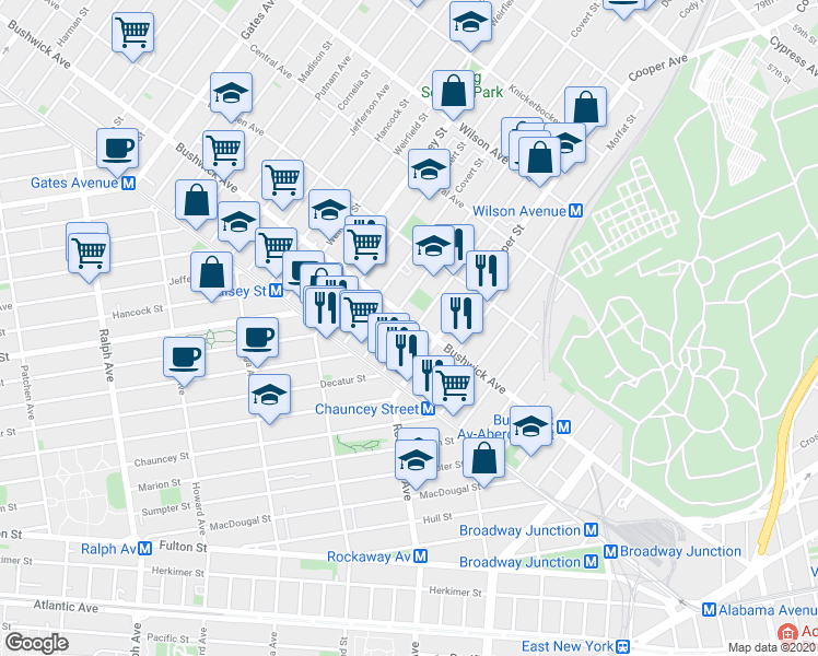 map of restaurants, bars, coffee shops, grocery stores, and more near 1341 Bushwick Avenue in Brooklyn