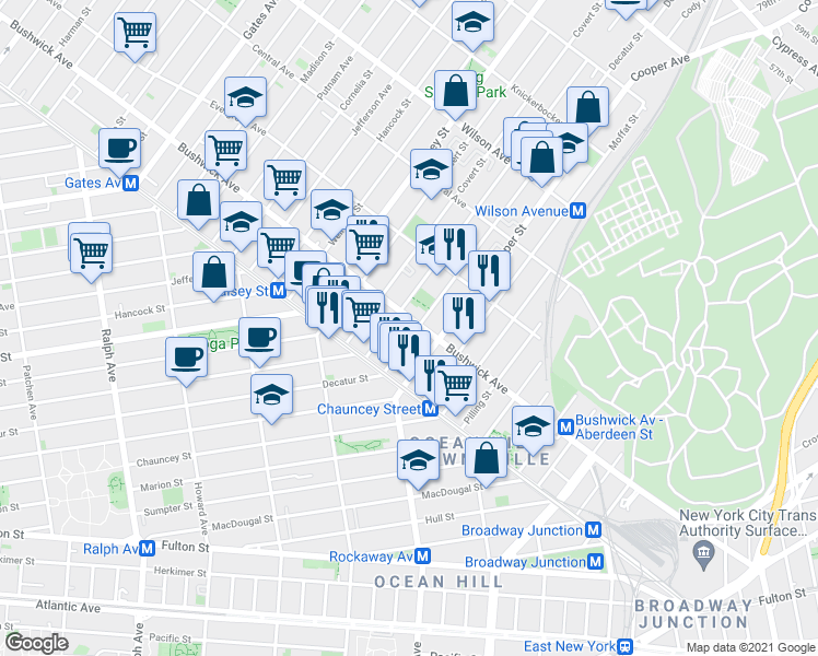 map of restaurants, bars, coffee shops, grocery stores, and more near 1341 Bushwick Avenue in Brooklyn