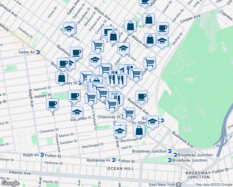map of restaurants, bars, coffee shops, grocery stores, and more near 1341 Bushwick Avenue in Brooklyn