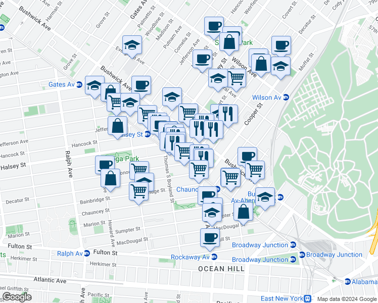 map of restaurants, bars, coffee shops, grocery stores, and more near 48 Covert Street in Brooklyn
