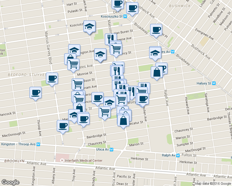 map of restaurants, bars, coffee shops, grocery stores, and more near 784 Putnam Avenue in Brooklyn