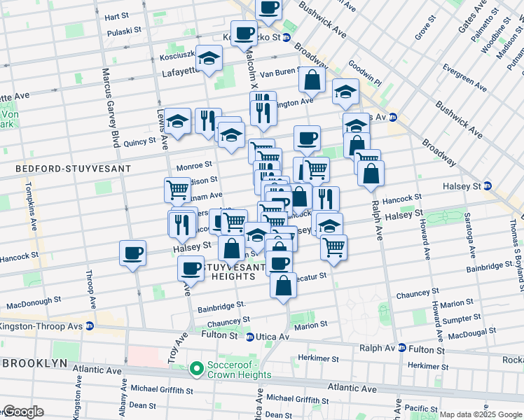 map of restaurants, bars, coffee shops, grocery stores, and more near 784 Putnam Avenue in Brooklyn