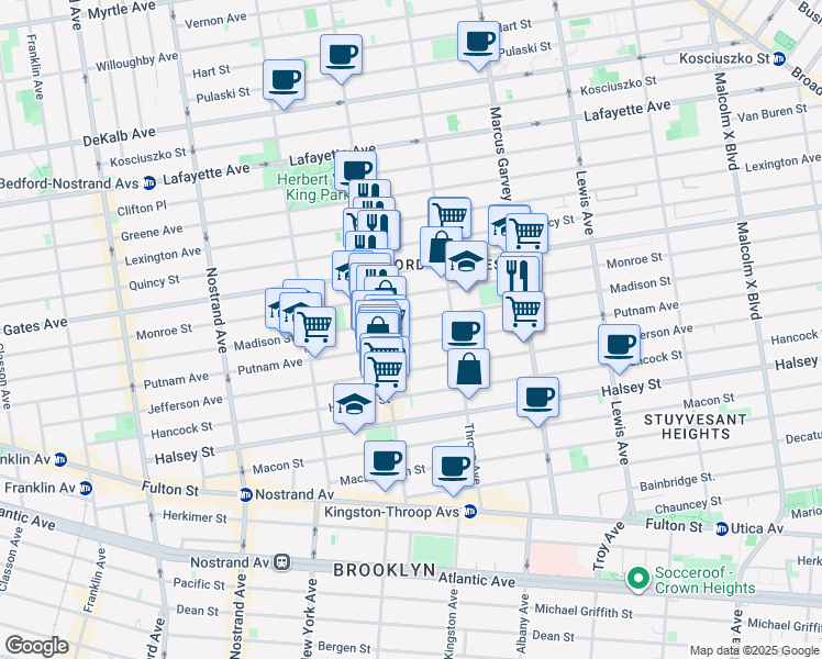 map of restaurants, bars, coffee shops, grocery stores, and more near 397 Madison Street in Brooklyn
