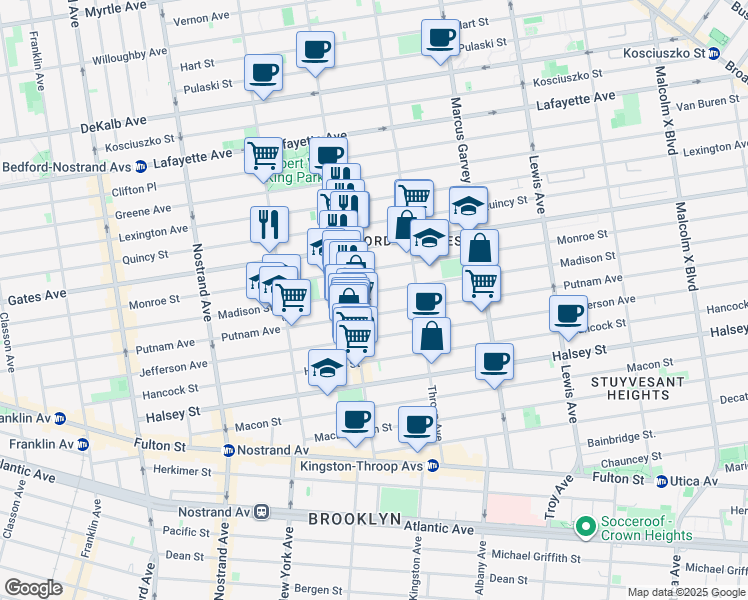 map of restaurants, bars, coffee shops, grocery stores, and more near 364 Monroe Street in Brooklyn