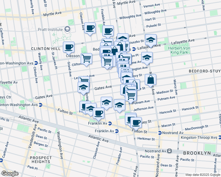 map of restaurants, bars, coffee shops, grocery stores, and more near 128 Quincy Street in Brooklyn