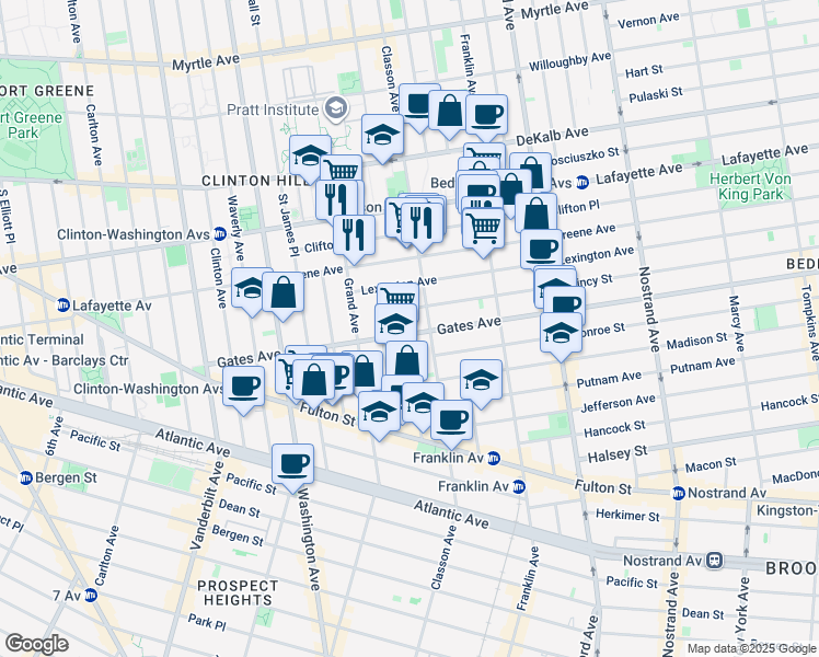 map of restaurants, bars, coffee shops, grocery stores, and more near 25 Quincy Street in Brooklyn