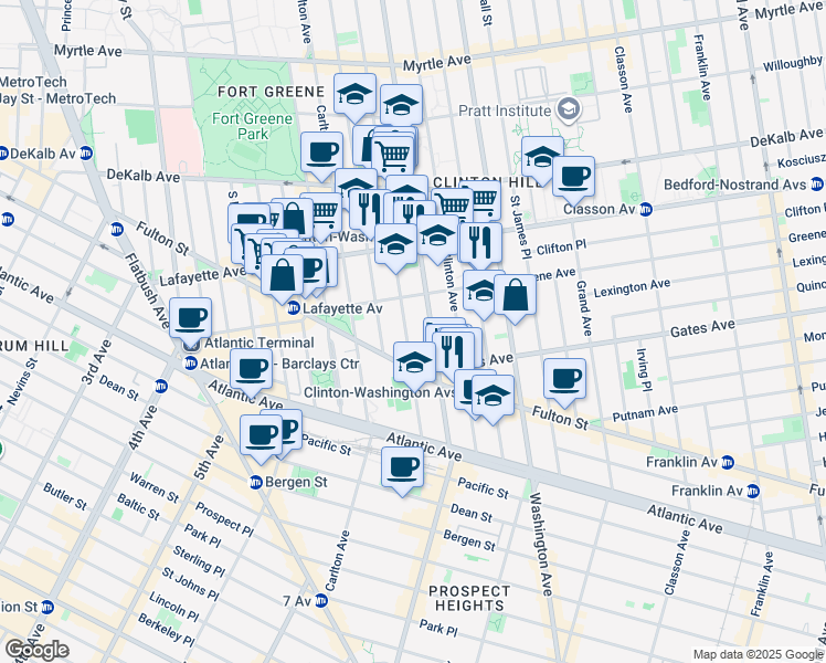 map of restaurants, bars, coffee shops, grocery stores, and more near 72 Greene Avenue in Brooklyn