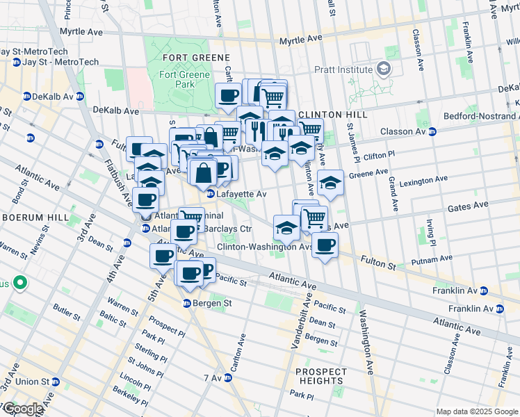 map of restaurants, bars, coffee shops, grocery stores, and more near 38 Greene Avenue in Brooklyn