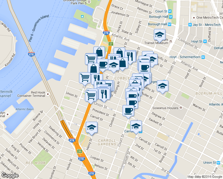 map of restaurants, bars, coffee shops, grocery stores, and more near 20 Strong Place in Brooklyn