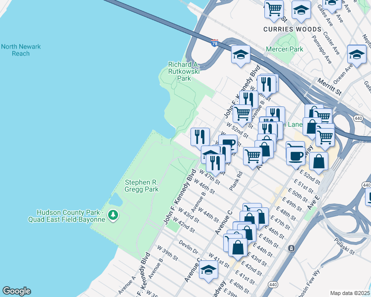 map of restaurants, bars, coffee shops, grocery stores, and more near 183 West 49th Street in Bayonne