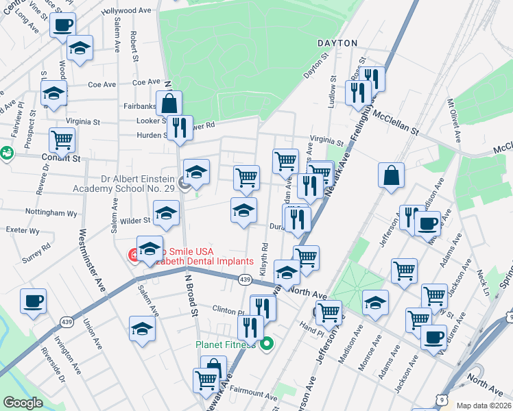 map of restaurants, bars, coffee shops, grocery stores, and more near 948 Kilsyth Road in Elizabeth