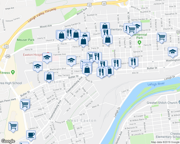 map of restaurants, bars, coffee shops, grocery stores, and more near 1704 Washington Boulevard in Easton