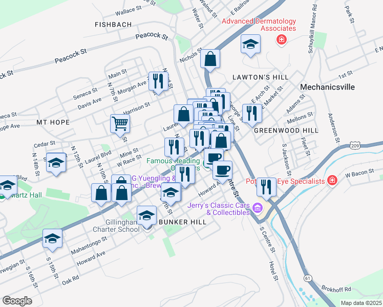 map of restaurants, bars, coffee shops, grocery stores, and more near 200 North 2nd Street in Pottsville
