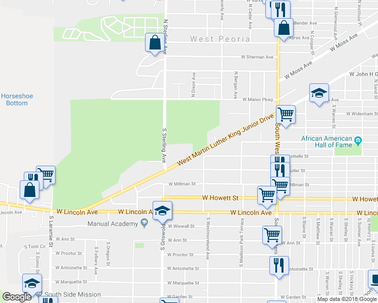 map of restaurants, bars, coffee shops, grocery stores, and more near 2317 West Martin Luther King Junior Drive in Peoria