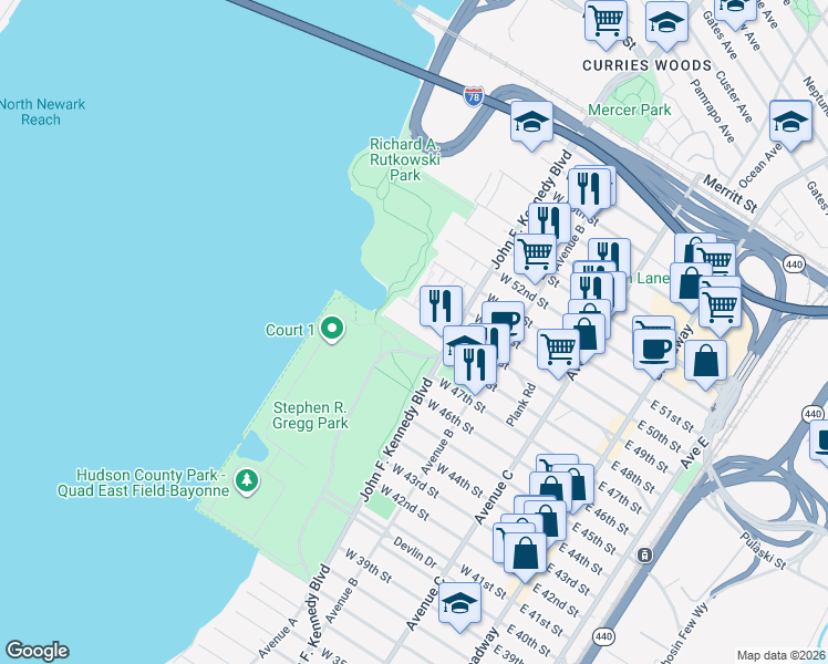 map of restaurants, bars, coffee shops, grocery stores, and more near 183 West 49th Street in Bayonne
