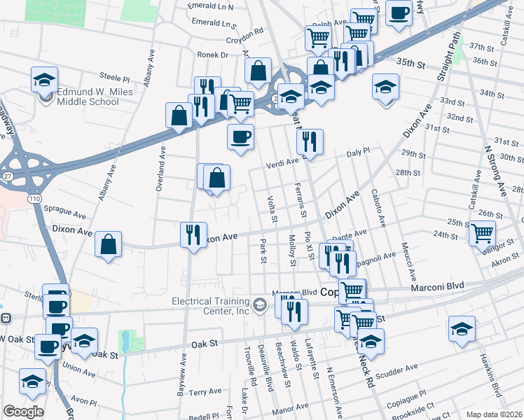 map of restaurants, bars, coffee shops, grocery stores, and more near 185 Galvani Street in Copiague