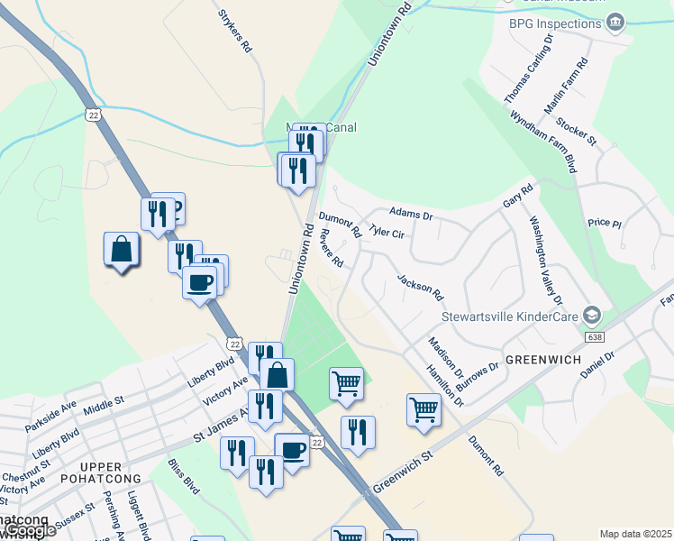 map of restaurants, bars, coffee shops, grocery stores, and more near 127 Revere Road in Stewartsville