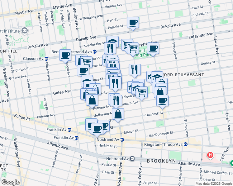 map of restaurants, bars, coffee shops, grocery stores, and more near 337 Nostrand Avenue in Brooklyn
