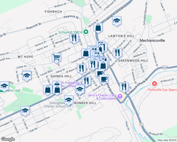 map of restaurants, bars, coffee shops, grocery stores, and more near 106 North 3rd Street in Pottsville