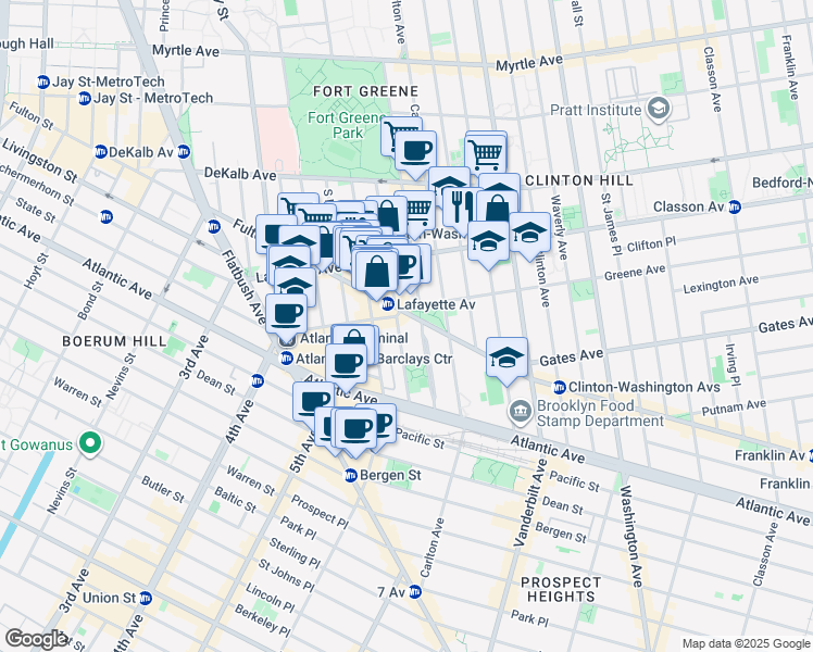 map of restaurants, bars, coffee shops, grocery stores, and more near 133 South Oxford Street in Brooklyn