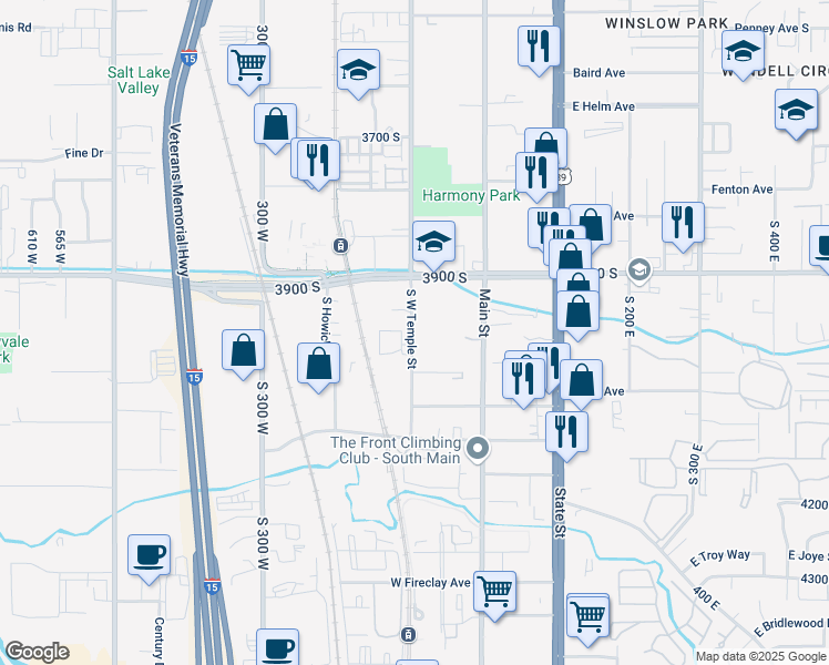 map of restaurants, bars, coffee shops, grocery stores, and more near 3983 South West Temple Street in Millcreek