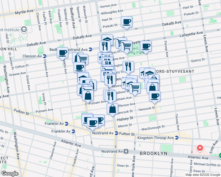 map of restaurants, bars, coffee shops, grocery stores, and more near 369 Nostrand Avenue in Brooklyn