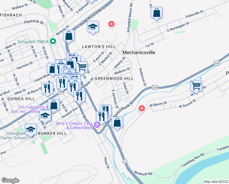map of restaurants, bars, coffee shops, grocery stores, and more near 302 South Jackson Street in Pottsville