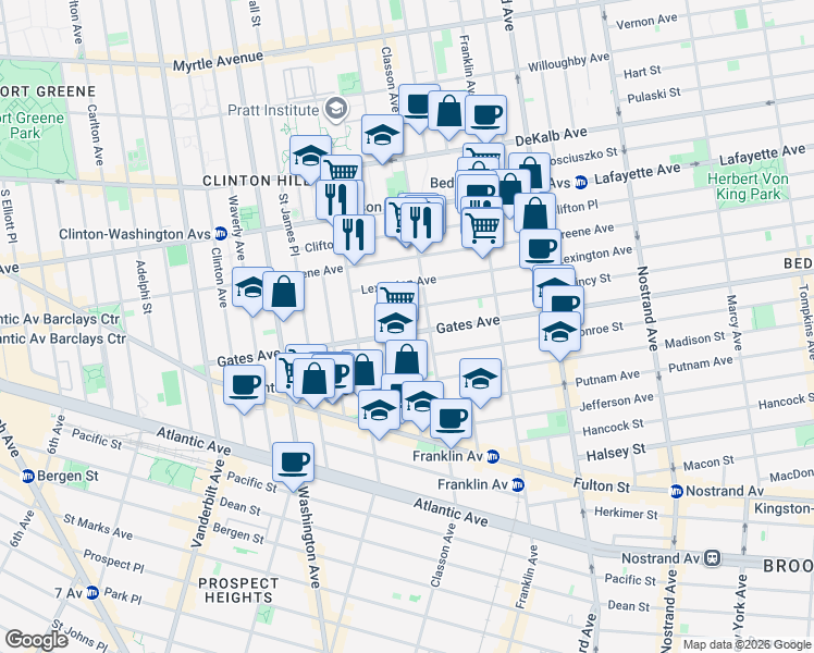 map of restaurants, bars, coffee shops, grocery stores, and more near 25 Quincy Street in Brooklyn