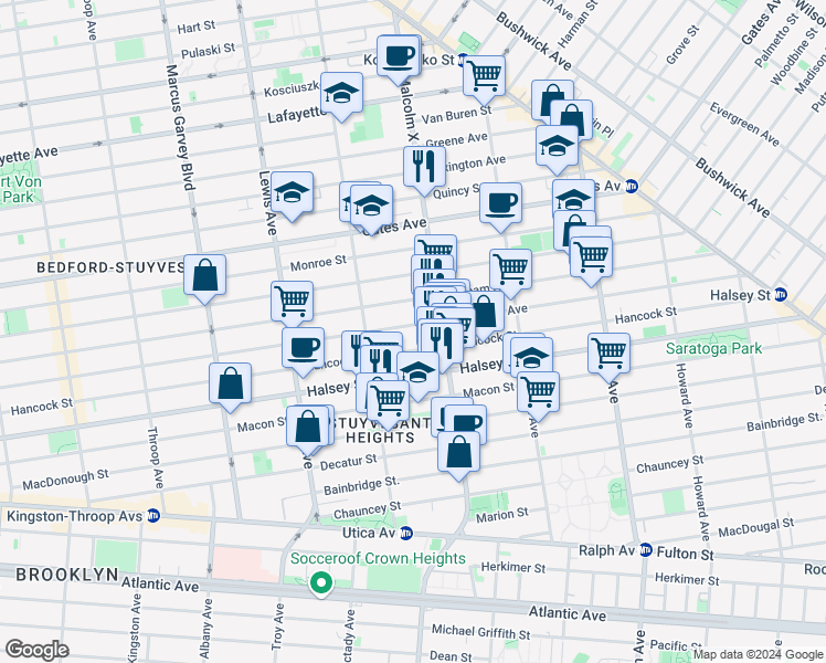 map of restaurants, bars, coffee shops, grocery stores, and more near 674 Jefferson Avenue in Brooklyn