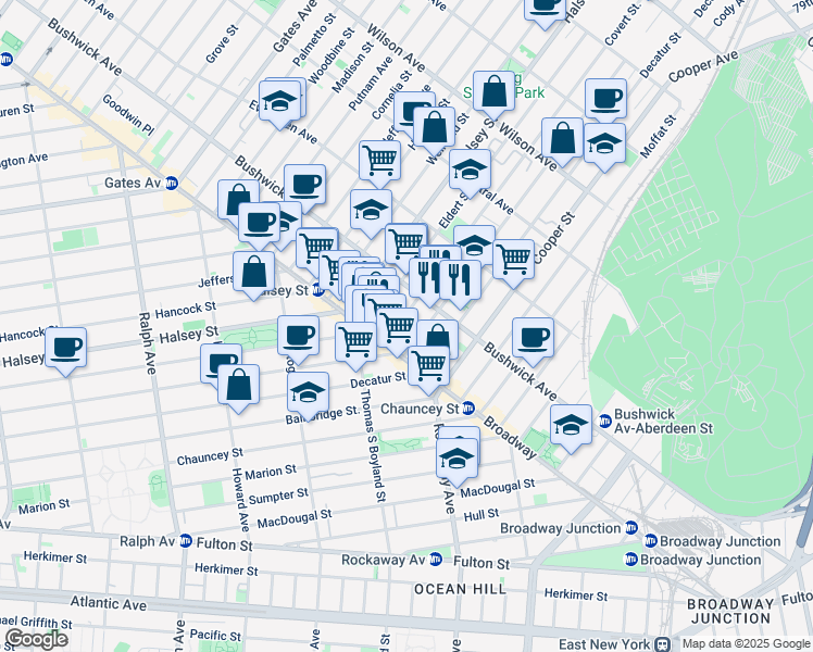 map of restaurants, bars, coffee shops, grocery stores, and more near 48 Covert Street in Brooklyn
