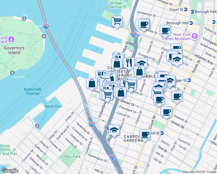map of restaurants, bars, coffee shops, grocery stores, and more near 200 Columbia Street in Brooklyn