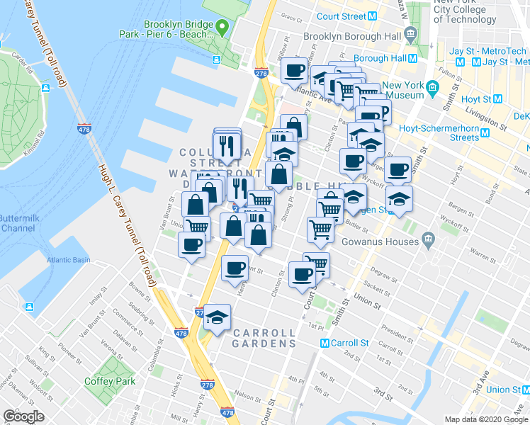 map of restaurants, bars, coffee shops, grocery stores, and more near 470 Henry Street in Brooklyn