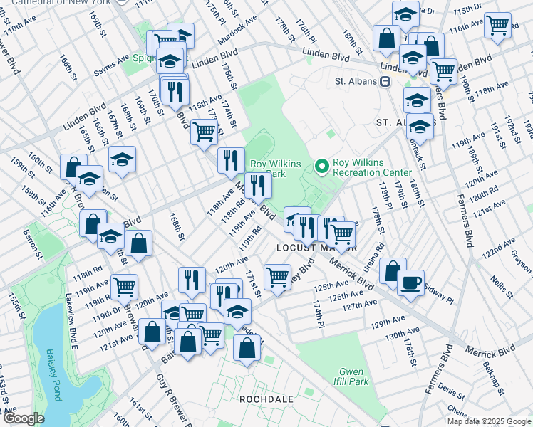 map of restaurants, bars, coffee shops, grocery stores, and more near in Queens