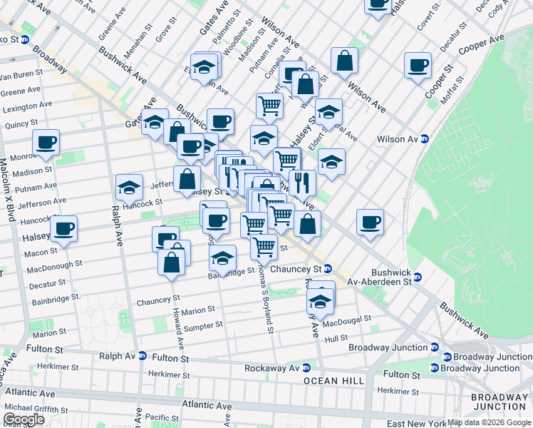 map of restaurants, bars, coffee shops, grocery stores, and more near 25 Eldert Street in Brooklyn