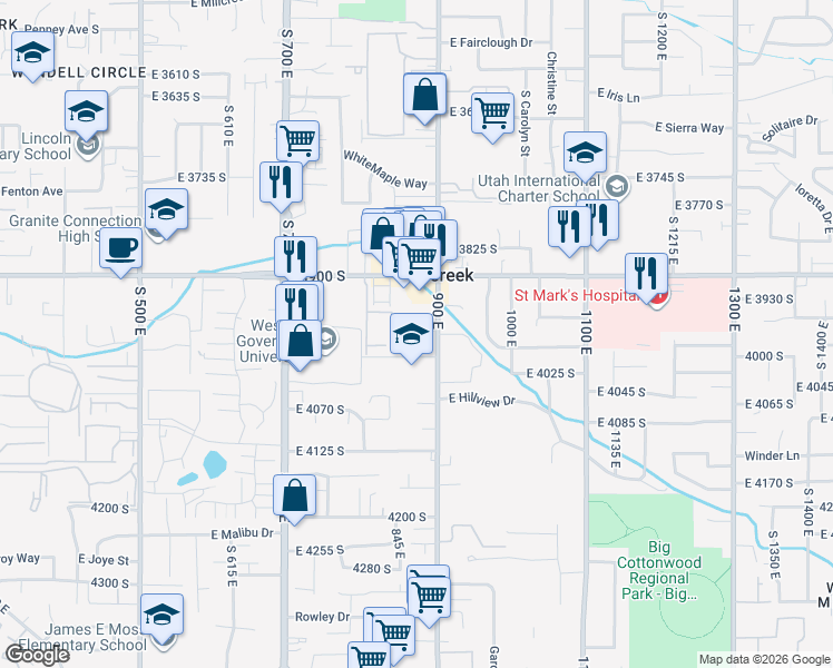 map of restaurants, bars, coffee shops, grocery stores, and more near 3992 South Chase Brook Lane in Salt Lake City