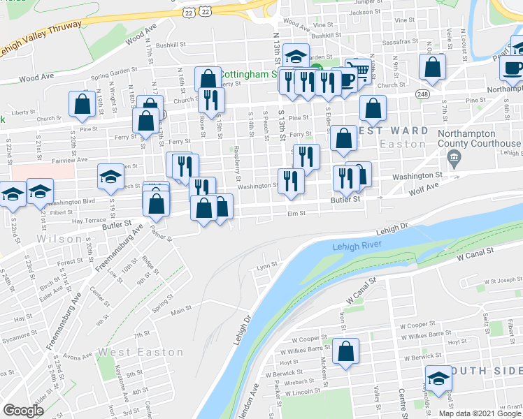 map of restaurants, bars, coffee shops, grocery stores, and more near 1354 Butler Street in Easton